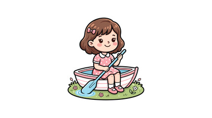 Fototapeta premium Girl Holding Paddle In Boat Cartoon Vector Illustration