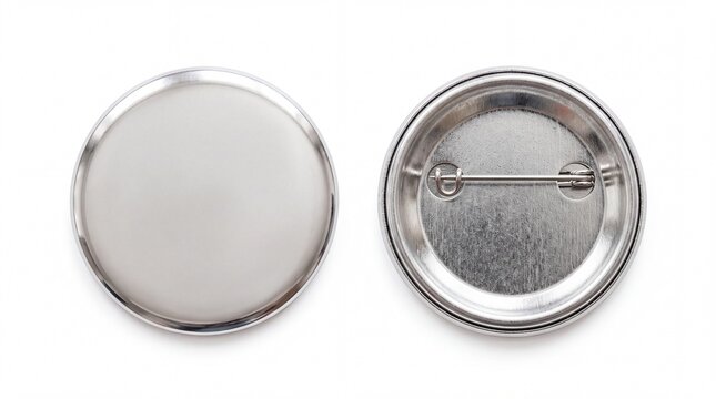 Blank metal pin badge front and back view captured in high detail on white background