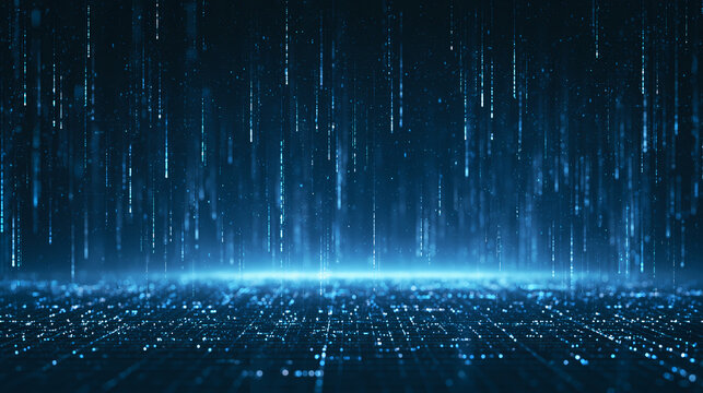 Blue digital rain falls over a glowing grid
