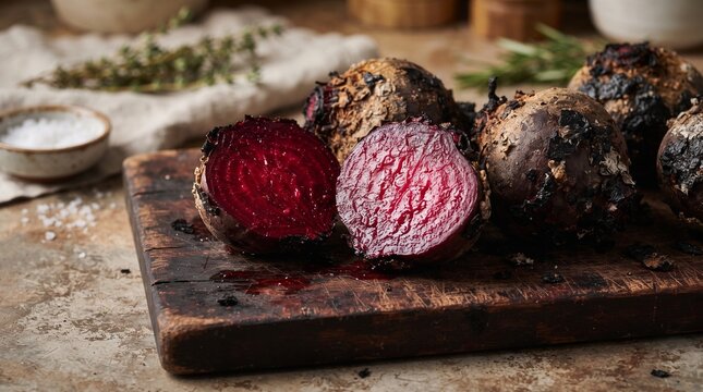 Salt and Ash Crusted Roasted Beetroot Sliced on Cutting Board