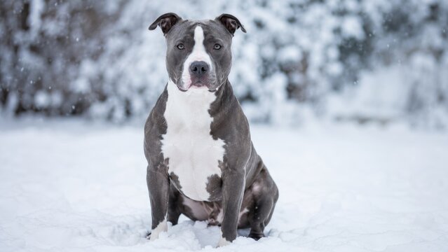 Gray and white pit bull sitting in falling snow, front-facing winter portrait with attentive expression and snowy tree background