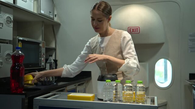 Flight attendant preparing beverages and refreshments for passengers inside an aircraft galley
