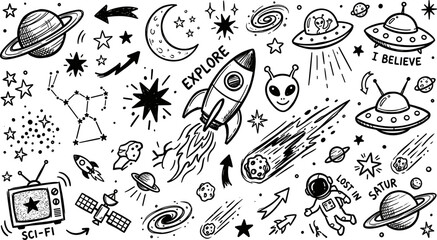 Hand drawn space doodle set with planets, rocket, ufo, astronaut and stars © Mahfujahmmed