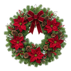 Obraz premium Traditional christmas wreath with red poinsettia flowers, pine cones, and velvet bow isolated on transparent background