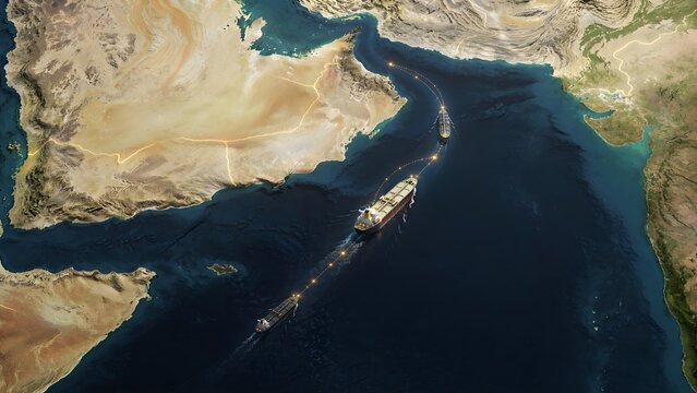 3D satellite map of Strait of Hormuz with crude oil tankers navigating the maritime choke point concept of global energy logistics
