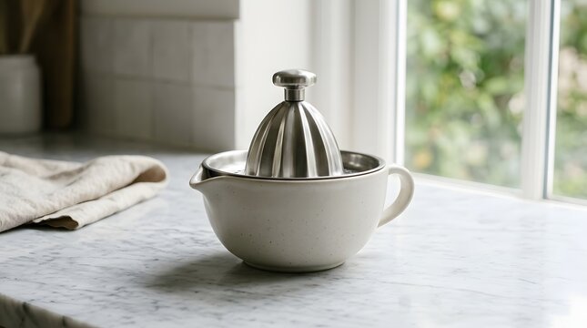 A stylish ceramic and metal citrus juicer sits on a marble countertop as essential kitchen accessories for healthy cooking