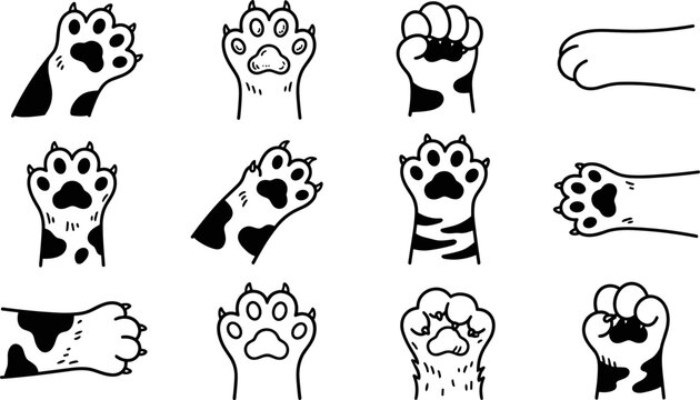 Set of cute cartoon cat paws in various poses and positions
