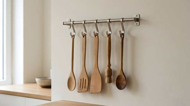 A collection of wooden kitchen accessories hanging on a metal wall rack inside a modern home culinary space interior
