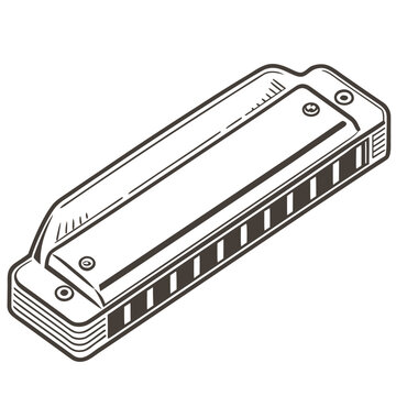 A detailed line of a classic musical harmonica, featuring metal casing and reeds, isolated on a clean white background
