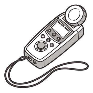 A handheld light meter device with a circular sensor and a wrist strap, rendered as a clean black and white line