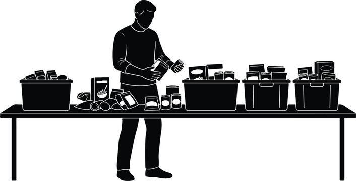 Man Sorting Canned Food and Supplies at Food Bank Table Vector Illustration