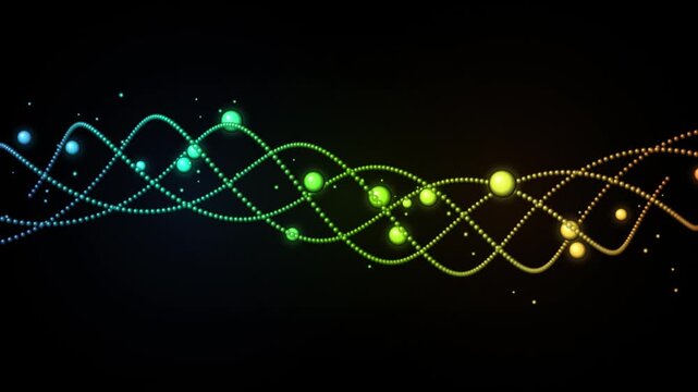 Abstract rainbow wave of glowing particles and spheres on black background for motion graphic design.