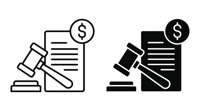 Legal fine icon set, gavel with document and dollar sign, judicial penalty concept, vector illustration