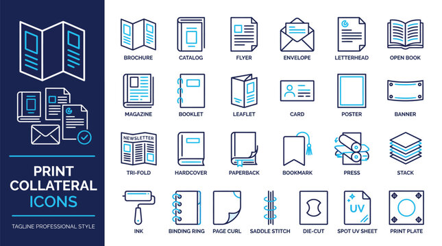 Print collateral marketing material icons for publishing and business stationery with print design