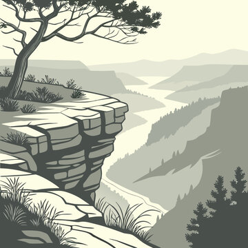 A monochrome of a canyon view from a cliff edge with a lone tree and distant river, isolated on a light beige background