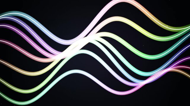 Abstract rainbow neon light waves glowing and flowing on dark background in dynamic loopable motion.