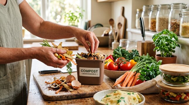 Sustainable lifestyle putting organic food waste into kitchen compost bin