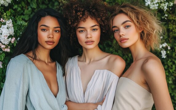 Close-up portrait of three ethnically diverse young women with different hair textures, showcasing natural beauty and inclusivity against a floral background
