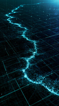 A glowing blue path winds through a dark grid landscape