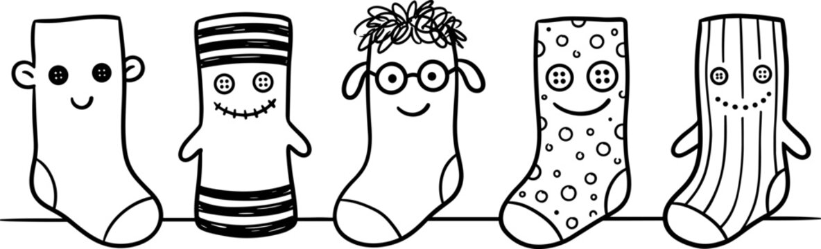 Cute handdrawn sock puppets with various patterns and expressions in a row