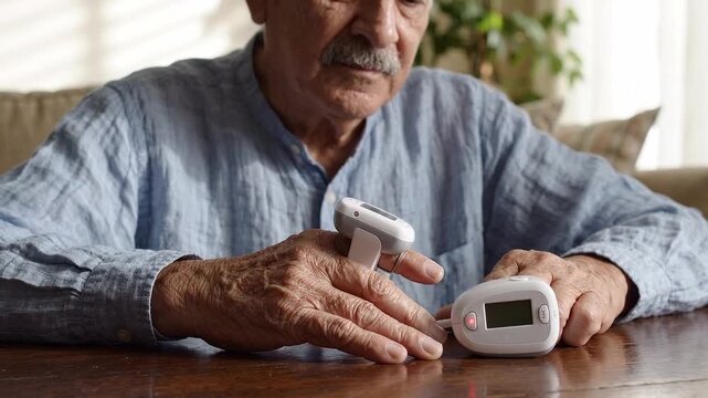 Elderly man measures blood sugar with a digital glucose monitor at home. Diabetes self testing, medical care, and independent senior health management.