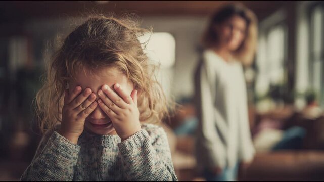Upset little girl crying and covering her face with hands while her angry mother scolds her