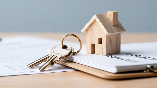House keys resting beside insurance documents and a small wooden home, property purchase, home insurance, mortgage approval, residential investment, financial security, clean