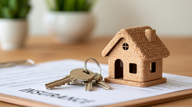 House keys resting beside insurance documents and a small wooden home, property purchase, home insurance, mortgage approval, residential investment, financial security, clean