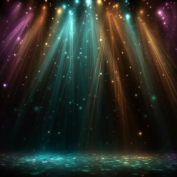 Bright beams of light with sparkling particles shining down onto an empty, reflective stage floor