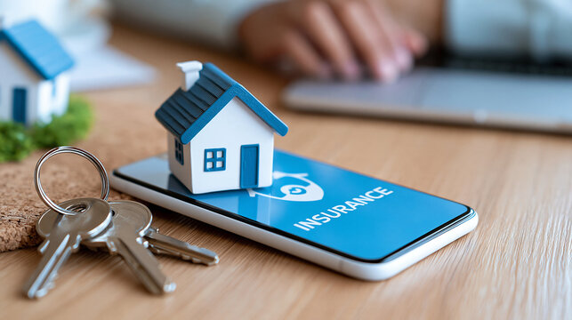 Close-up of smartphone displaying generic home insurance interface beside house keys and miniature home, digital property coverage, insurtech, homeowner services, financial