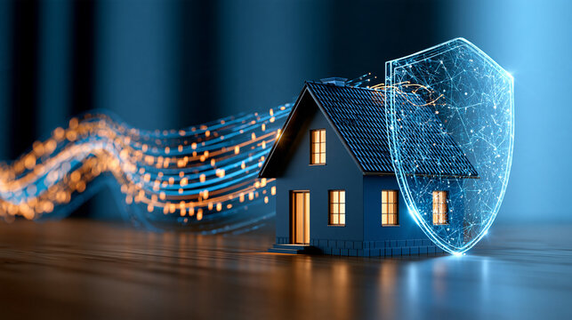Digital holographic house protected by a glowing shield and connected to financial data streams, smart property insurance, insurtech, digital housing services, asset protection,