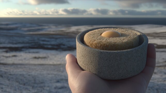 Hand Holding Dessert Bowl by the Ocean