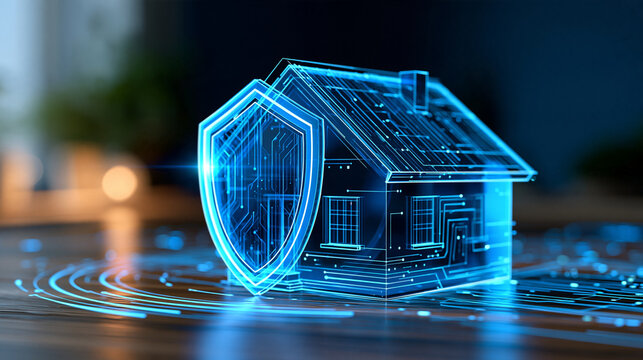 Holographic house surrounded by digital security lines and a glowing shield, property insurance technology, insurtech innovation, housing security, digital asset protection,
