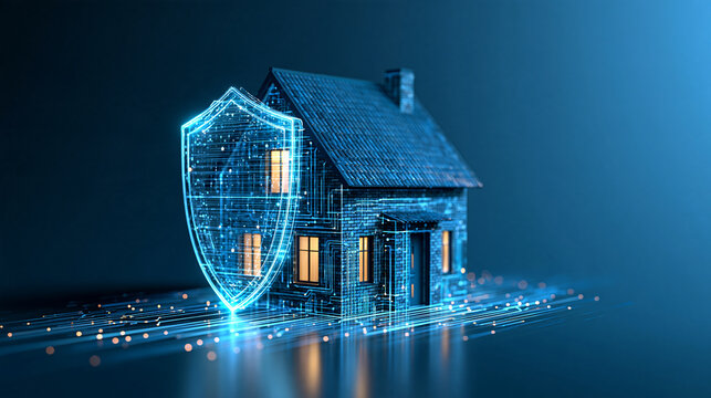 Holographic house surrounded by digital security lines and a glowing shield, property insurance technology, insurtech innovation, housing security, digital asset protection,