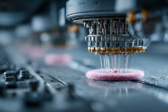 A knitting machine with multiple needles is working on the textile production of pink fabric, creating a close-up view of manufacturing