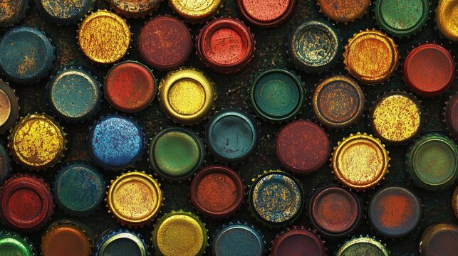 Colorful collection of vintage bottle caps arranged in a textured pattern displaying various hues and metallic finishes