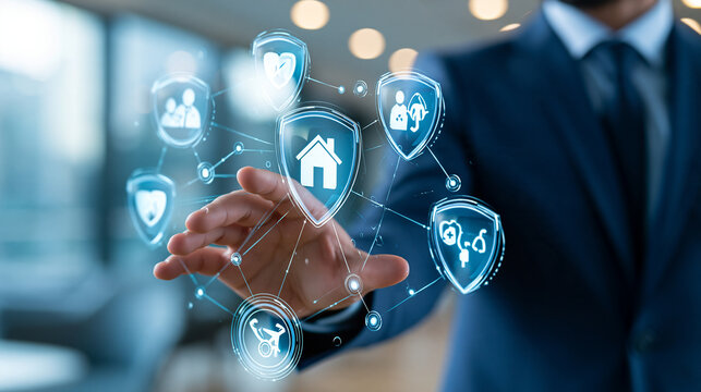 Business professional touching a digital interface displaying generic insurance protection icons, insurtech, home coverage, health protection, travel insurance, financial