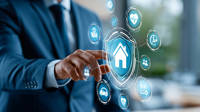 Business professional touching a digital interface displaying generic insurance protection icons, insurtech, home coverage, health protection, travel insurance, financial
