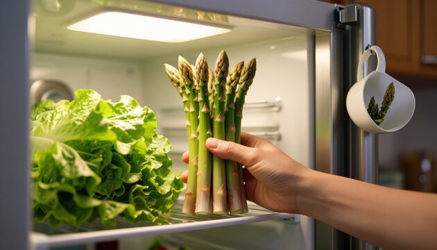 Asparagus lettuce refrigerator shelf hand fresh vegetable cold kitchen storage