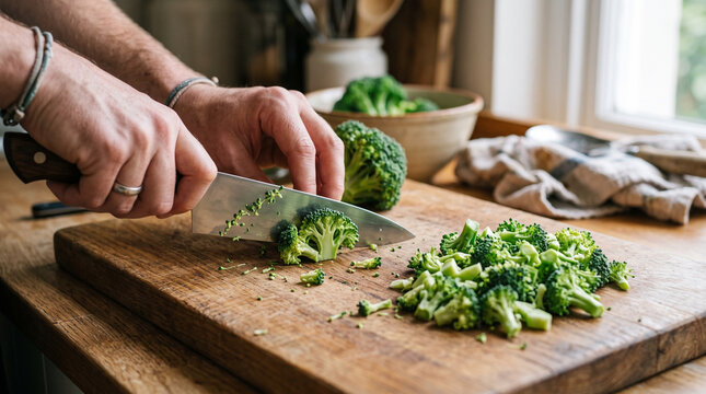 Close-up of hands chopping fresh broccoli on a rustic wooden cutting board in a bright home kitchen.