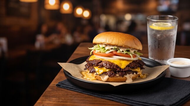 Double smash burger served in restaurant with warm amber bokeh lighting on dark wood table, copy space