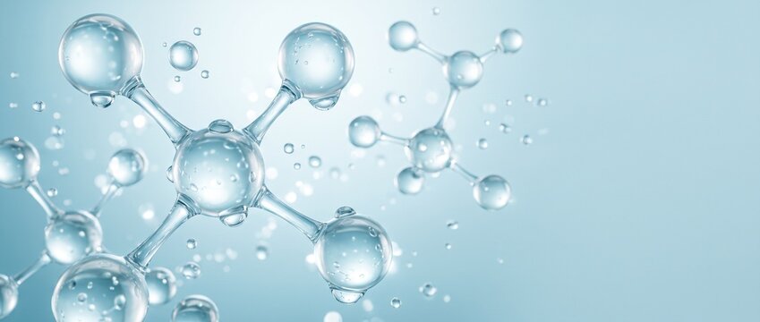 Ilustra&ccedil;&atilde;o 3D de mol&eacute;culas transparentes de &aacute;gua ou &aacute;cido hialur&ocirc;nico flutuando em fundo azul, conceito de hidrata&ccedil;&atilde;o, ci&ecirc;ncia cosm&eacute;tica e estrutura qu&iacute;mica.