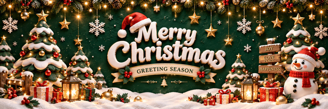 Merry Christmas Holiday Banner with Snowman, Christmas Trees, Gifts, Ornaments, Snow and Festive Lights