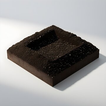 ​A high-angle perspective view of a dark square soil block featuring a clean, square indentation or hollow cavity carved directly into its center, set against a seamless white background.