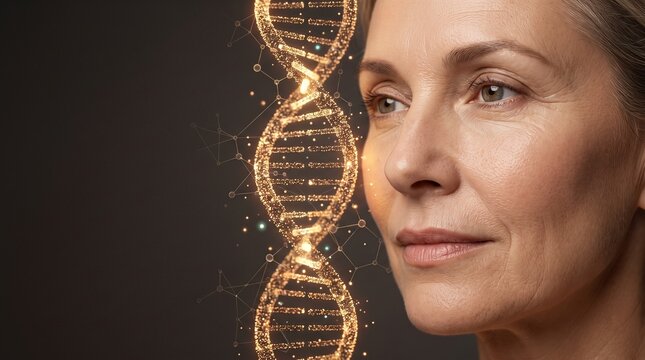 Retrato de mulher madura com pele bonita e holograma de espiral de DNA brilhante, conceito de tratamento antienvelhecimento, gen&eacute;tica e biotecnologia cosm&eacute;tica
