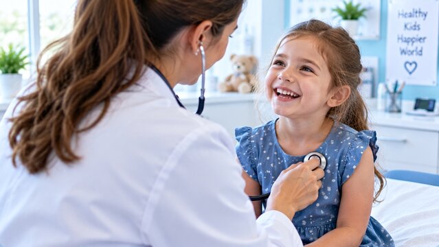 Friendly female pediatrician listening to smiling young girl's heartbeat with a stethoscope during a routine medical checkup in clinic