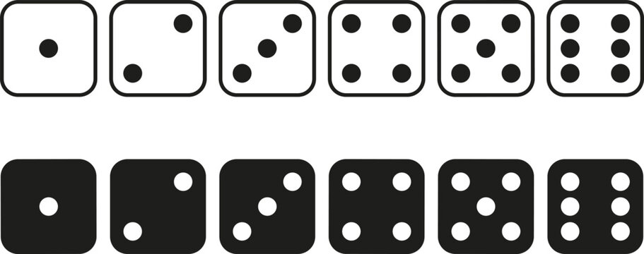 Set of white and black dice icons with dots from one to six