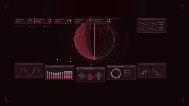 Abstract animated global time zones terminator drawn as coral and magenta lines and shapes on a deep dark background. Seamless looping 4K motion graphics video with free space for text, ideal for tech