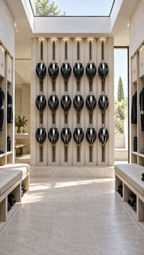 Black cycling helmets line a central storage wall in an elegant locker room with beige stone finishes, cushioned benches, open lockers, and natural skylight.