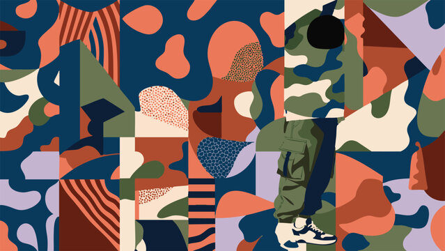 Editable Vector Fashion Collage with Dark Blue Geometric Forms Rust Green Beige and Streetwear Figure